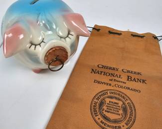 Lot #51 - 1957 "Corky Pig" Bank Hull Pottery, with Cherry Creek National Bank Canvas Coin Bag Denver Colorado