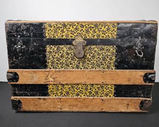 Lot #177 - Early 1900s Antique Wood and Metal Steamer Trunk with Floral Pattern Lockable Travel Chest