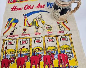 Lot #54 - Vintage German Hofbräuhaus Beer Stein with Pewter Lid and Tavern Scene With Mid Century Bar Linen