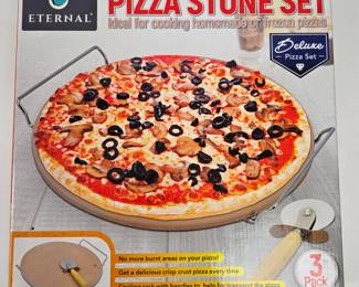 Lot #38 - NEW Eternal Deluxe 3-Pack Pizza Stone Set with Cooling Rack and Pizza Cutter 13 Inch Round