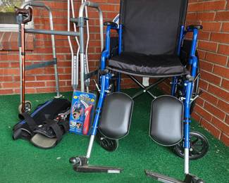 Lot #205 - Drive Medical Lightweight Steel Frame Folding Wheelchair, Auto Support Handle, Leg Braces, Cane, Crutches & Walker