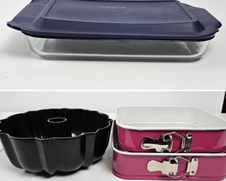 Lot #42 - Nordic Ware Cast Aluminum Bundt Cake Pan, Smart Home Pink Square Springform Pans Set, & Pyrex Baking Pan w/ Lid