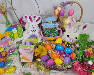 Lot #20 - Easter Decoration Lot Bunny Wreaths, Plastic Eggs, Wicker Baskets, Easter Grass & More