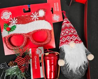 Lot #115 - New With Tags Christmas Holiday Ornament Lot – Santa Gnome, Sleigh, Coffee Cup & Metal Wreath Hanger