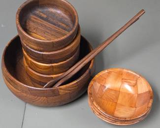 Lot #66 - Mid Century Siamese Atapco Teak Wood Salad Bowl Set with Serving Utensils, Plus Woven Wood Parquet Salad Bowls