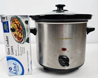 Lot #43 - Concept Kitchen 2.5 Liter Stainless Steel Slow Cooker with Glass Lid & Kroger Slow Cooker Liners