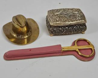 Lot #52 - Vintage Japanese Jewelry/Music Box, Plus Brass Cowboy Hat Bottle Opener & Solingen Gold Tone Scissors with Pink Sheath