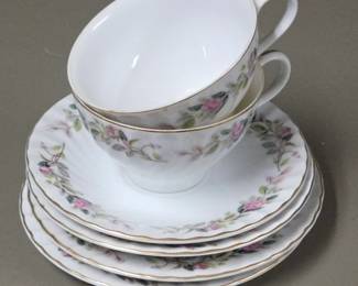 Lot #69 - Creative Fine China 2345 Japan Pink Rose Floral Tea Set with Gold Trim - Cups, Saucers & Cake Plates For 2