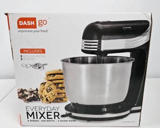 Lot #36 - NEW Dash Go Everyday Mixer with 3 Quart Stainless Steel Bowl, 6 Speeds, Dough Hooks & Beaters