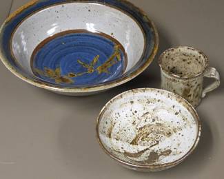 Lot #65 - Vintage Handcrafted Stoneware Pottery Set - Speckled Mug & Bowls with Unique Glaze