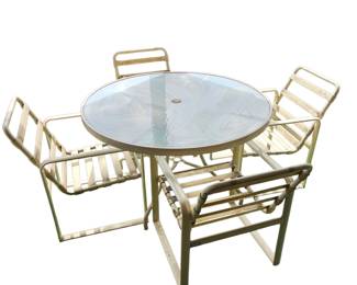 Lot #183 - Patio Set Vintage Metal Frame Glass Top Round Table with 4 Chairs Outdoor Furniture