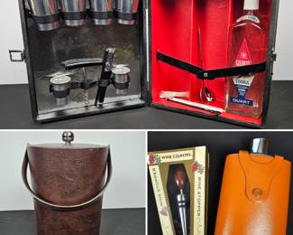 Lot #81 - Mid Century Portable Bartender Kit, Plus Ice Bucket, Wine Stopper and Stainless Steel Hip Flask