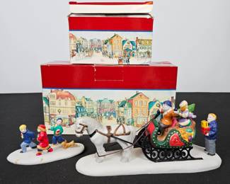 Lot #124 - Vintage Lemax Village Collection Holiday Christmas Horse Sleigh Figurines with Kids and Gifts - Ceramic Winter Decor