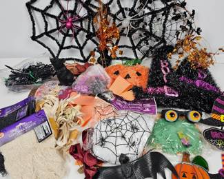 Lot #21 - Halloween Decor Lot - Tinsel Spider Webs, Witch Hats, Bat & Rat Figures, Stained Glass Pumpkin