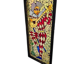 Lot #172 - Large Hand Crafted Stained Glass Mosaic Harlequin Musician Figure in Wooden Frame