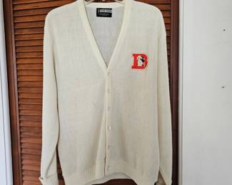 Lot #140 - Vintage Pine State XL White Acrylic Cardigan Sweater with Denver Broncos Patch