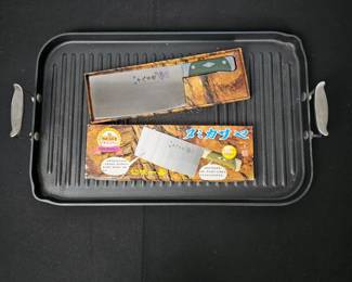 Lot #176 - Feiqiu Stainless Steel Chinese Cleaver Knife with Rancher's Reserve Cast Iron Grill Pan