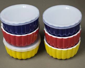 Lot #73 - Sterling Home Colorful Ceramic Ramekins Set with Lids - Red, Yellow & Blue - Durable Kitchen Baking Bowls