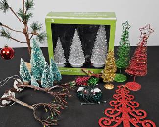 Lot #127 - Mini Festive Tree Decorations Lot - Charlie Brown Tree, Color Changing, Bottle Brush, Wire Trees & More