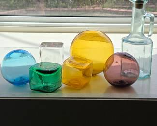 Lot #157 - Decorative Blown Glass Cubes and Spheres, Plus a Laser Etched Paperweight and Vintage Italian Green Glass Decanter