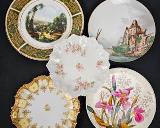 Lot #85 - Antique Porcelain Plates Lot with Gold Trim and Hand-Painted Floral & Landscape Designs