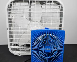 Lot #86 - Holmes Blue Table Fan & Lasko White Box Fan Combo - Compact Cooling Fans with Adjustable Speeds