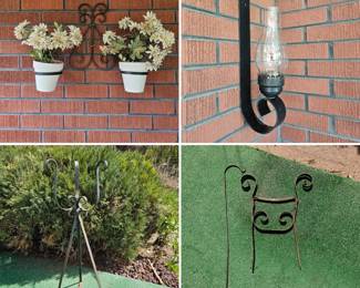 Lot #187 - Vintage Black Wrought Iron Wall Sconce Lantern Plant Holder and Garden Stand Set