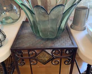 large glass bowl; iron plant stand