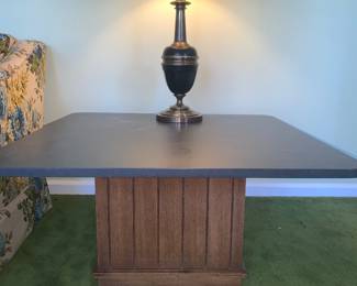 slate top Mid-Century end table; heavy lamp
