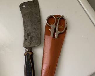 Antique cleaver and scissors