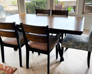 Modern wood dining table w leaf + 4 chairs; Upholstered high‐back dining chairs