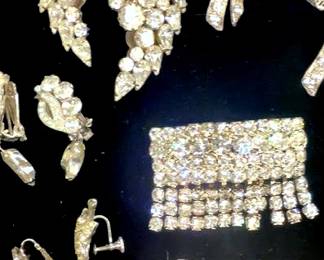 Vintage rhinestone jewelry including Isabel Morant “A Wild Shore” earrings