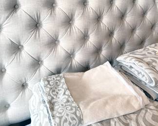 Upholstered headboard;  queen comforter, bedskirt + pillow sham bedding set