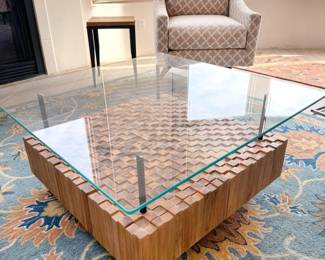 Geometric wood and glass coffee table