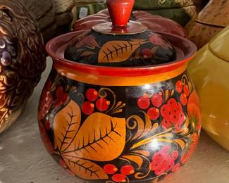 Handcrafted Russian Khokhlona wooden lidded pot