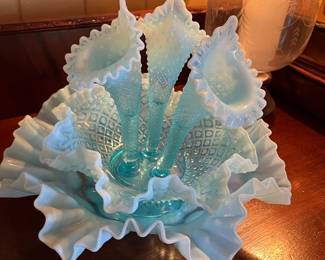 Fenton Blue Opalescent Hobnail Epergne