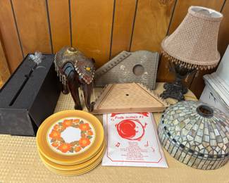 Waterford rose, stained glass lamp shade, etc