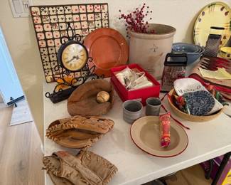 Vintage gloves, clock, Old Sequence game boards, Vintage Crock 