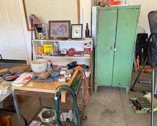 Vintage metal cabinet w/working doors, elec cords, Tackle box, Inverter