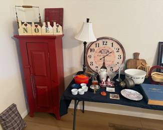 Rustic red cabinet, large clock, Vintage items, small roasting pan, vintage bowl