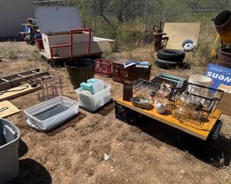 Ladders, wood storage boxes, oil lamps, metal basket storage containers