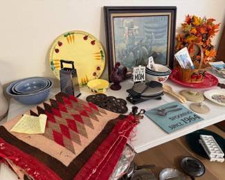 Navajo Blanket, mixing bowls, serving pieces, waffle iron