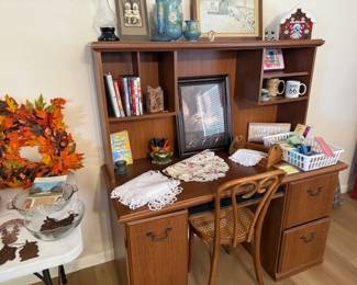 Desk, books, Roseville Pottery pieces, table runners, office items