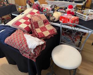 Vintage quilts, bed ruffles, metal chair