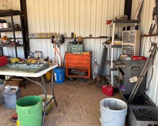 Old tools, tool boxes, tool cabinets, nuts and bolt boxes