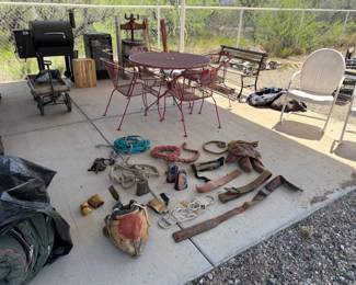 Metal patio set, metal chairs, horse tack, benches, wagon, Traegor gone to family