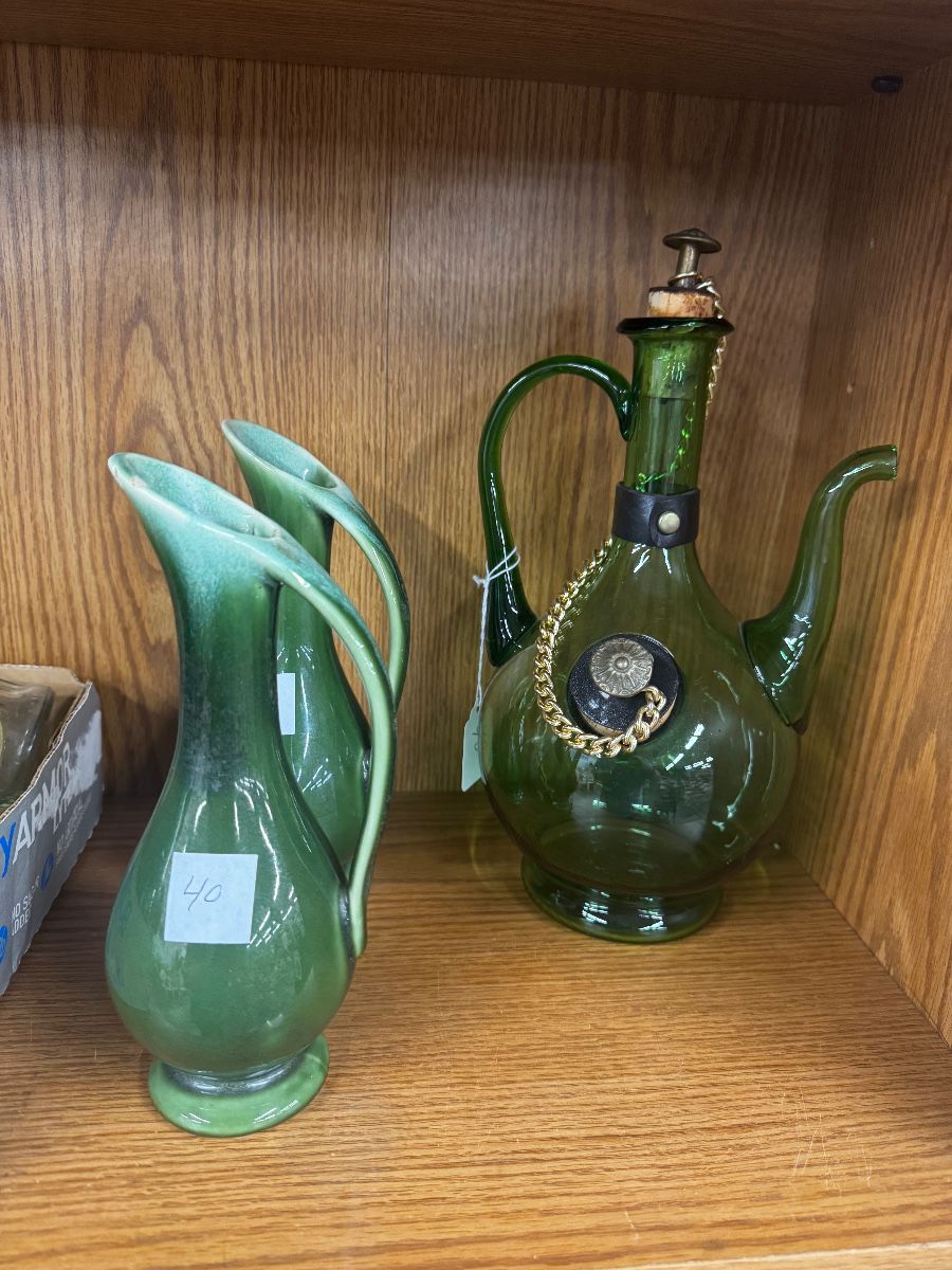Green Ceramic Pitchers and Glass Decanter