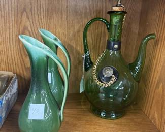 Green Ceramic Pitchers and Glass Decanter
