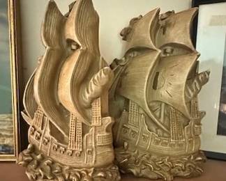 Vintage 1964 Universal Statuary Corp Galleon ship Bookends.