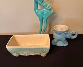 Vintage 7.25 tall Deer Figurine, McCoy rectangular planter and Frankoma Pottery Elephant figure.